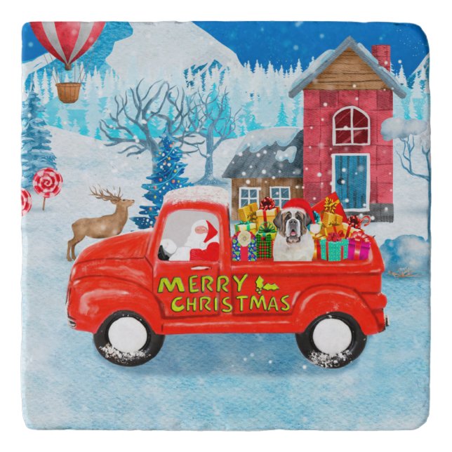 Saint Bernard Dog Christmas Delivery Truck Snow Trivet (Front)