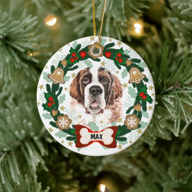 Saint Bernard Dog Christmas Dog Cookie Wreath Ceramic Ornament (Tree)