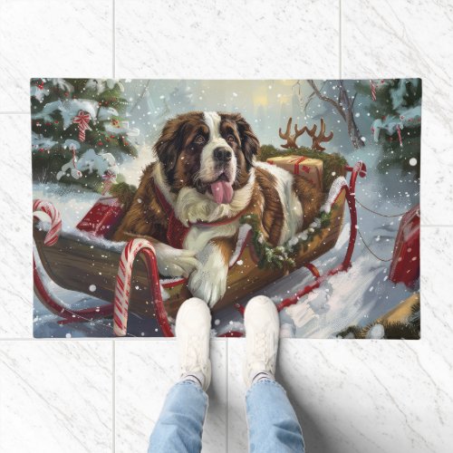 Saint Bernard Dog Christmas Festive  Doormat