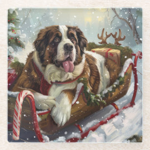 Saint Bernard Dog Christmas Festive Glass Coaster