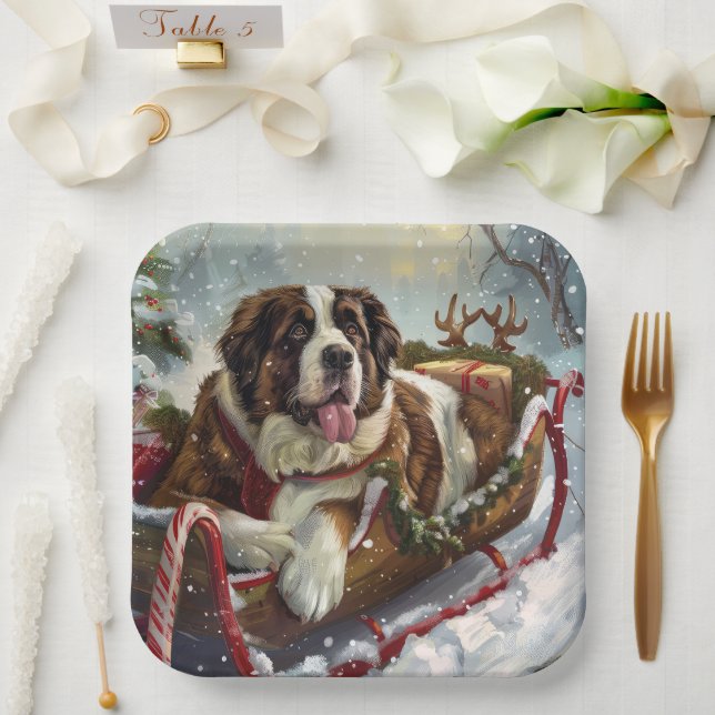 Saint Bernard Dog Christmas Festive  Paper Plates (Wedding)