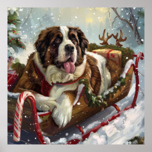 Saint Bernard Dog Christmas Festive Poster