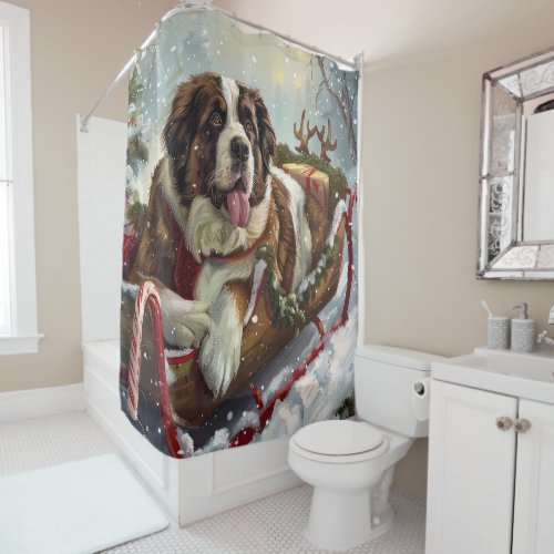 Saint Bernard Dog Christmas Festive  Shower Curtain