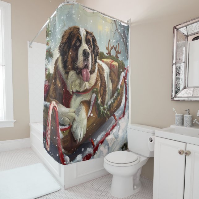 Saint Bernard Dog Christmas Festive  Shower Curtain (In Situ)
