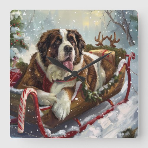 Saint Bernard Dog Christmas Festive  Square Wall Clock