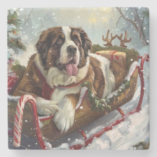 Saint Bernard Dog Christmas Festive  Stone Coaster