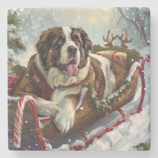 Saint Bernard Dog Christmas Festive  Stone Coaster (Front)