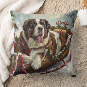Saint Bernard Dog Christmas Festive Throw Pillow