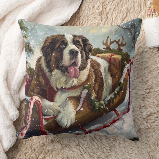 Saint Bernard Dog Christmas Festive  Throw Pillow (Blanket)