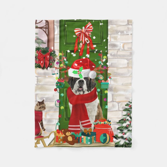 Saint Bernard Dog Christmas   Fleece Blanket (Front)