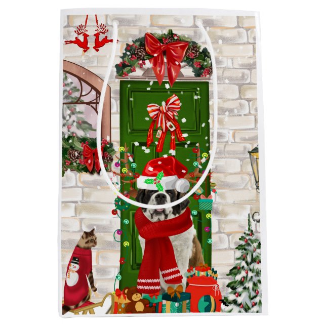 Saint Bernard Dog Christmas   Medium Gift Bag (Front)