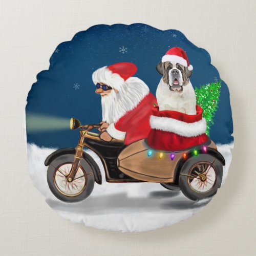 Saint Bernard Dog Christmas Santa Claus  Round Pillow