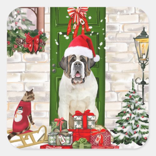 Saint Bernard Dog Christmas  Square Sticker