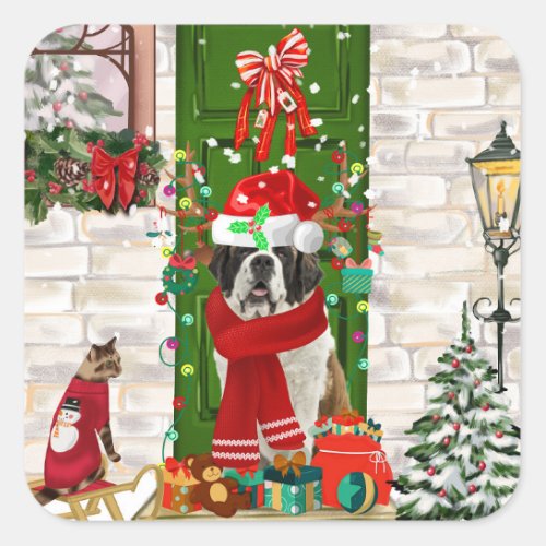 Saint Bernard Dog Christmas   Square Sticker