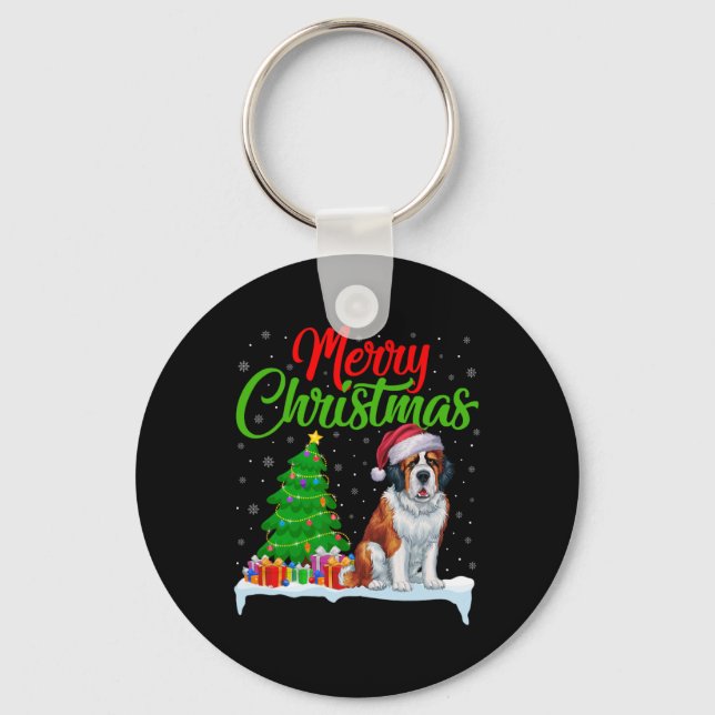 Saint Bernard Dog Christmas Tree Lights Funny Xmas Keychain (Front)