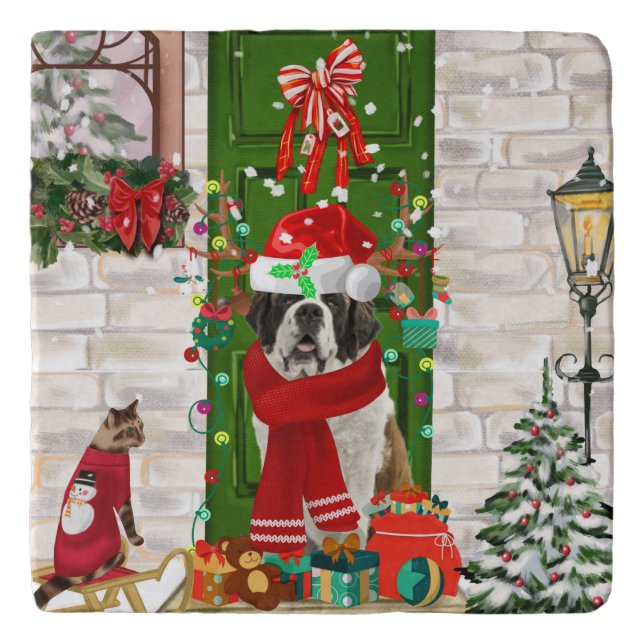 Saint Bernard Dog Christmas   Trivet (Front)