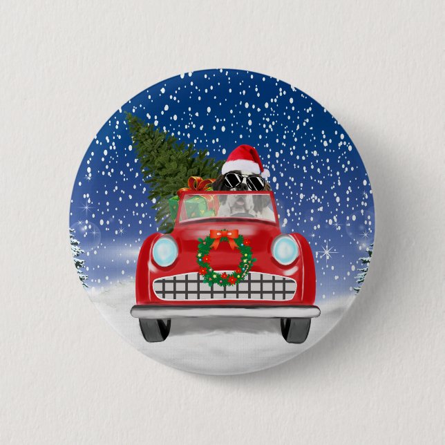Saint Bernard Dog Driving Car In Snow Christmas Button (Front)