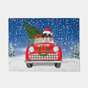 Saint Bernard Dog Driving Car In Snow Christmas Doormat