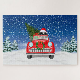 Saint Bernard Dog Driving Car In Snow Christmas Jigsaw Puzzle