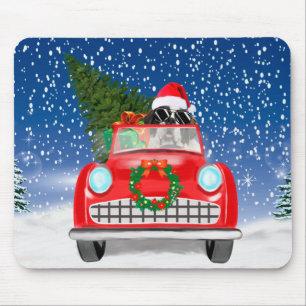 Saint Bernard Dog Driving Car In Snow Christmas Mouse Pad