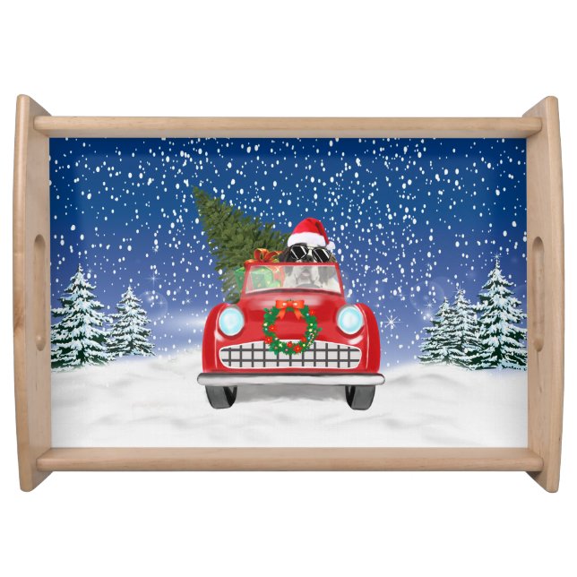 Saint Bernard Dog Driving Car In Snow Christmas  Serving Tray (Front)