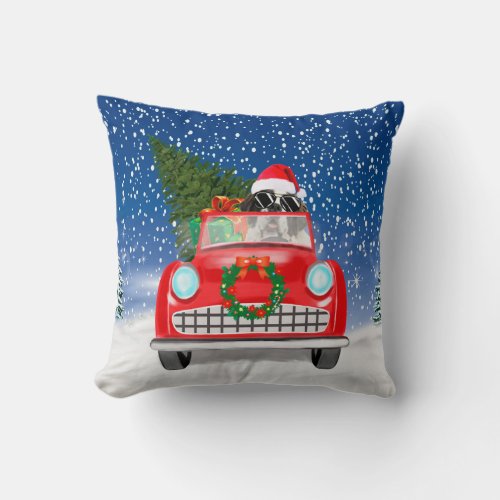 Saint Bernard Dog Driving Car In Snow Christmas Throw Pillow