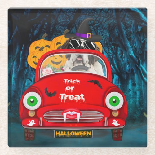 Saint Bernard Dog Driving Car Scary Halloween  Glass Coaster