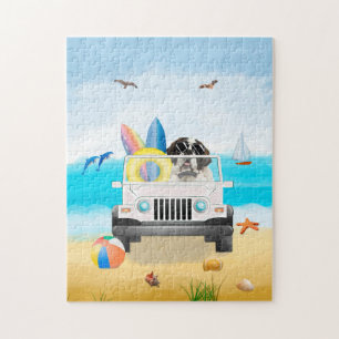 saint bernard Dog Driving on Beach  Jigsaw Puzzle