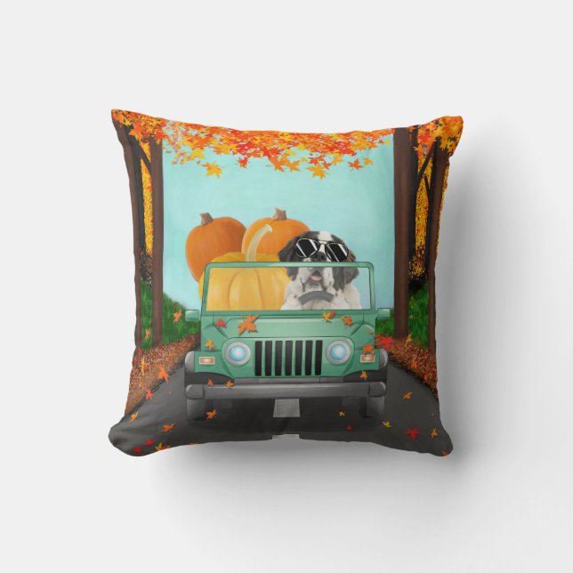 Saint Bernard Dog Fall Pumpkin Throw Pillow (Front)