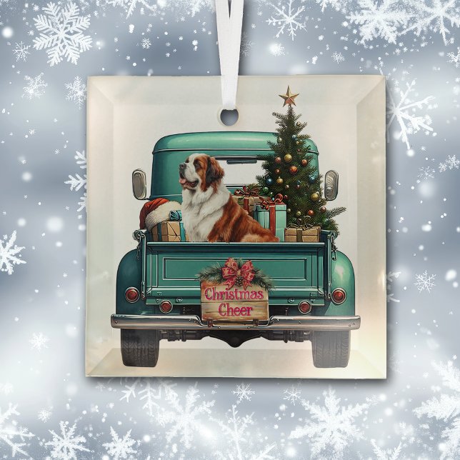 Saint Bernard Dog Farm Truck Christmas Glass Ornament (Creator Uploaded)