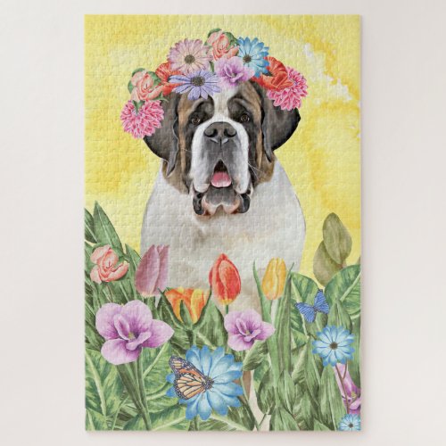 Saint Bernard Dog Flowers Jigsaw Puzzle