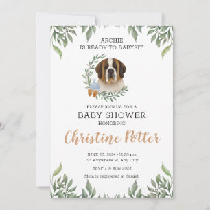 Saint Bernard Dog Greenery Boho Baby Shower Invitation