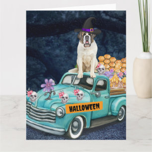 Saint Bernard Dog Halloween Truck Scary Night Card