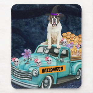 Saint Bernard Dog Halloween Truck Scary Night Mouse Pad