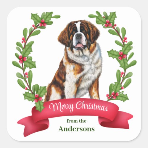 Saint Bernard Dog Holly Banner Christmas Square Sticker