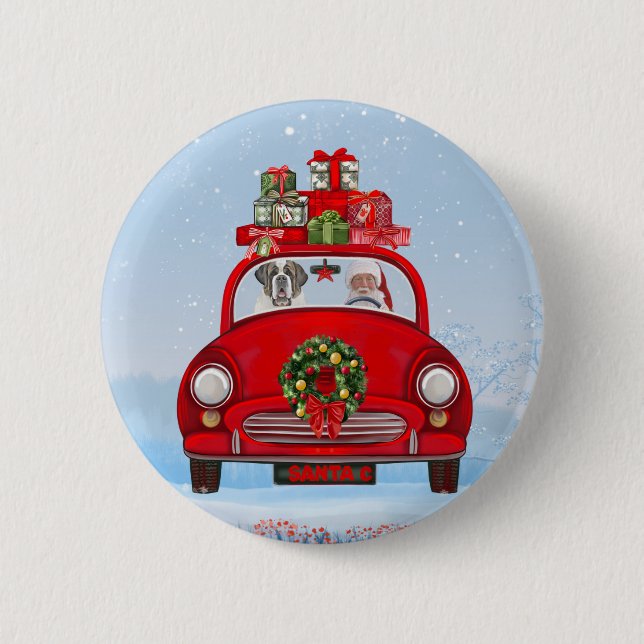 Saint Bernard Dog In Car With Santa Claus Button (Front)