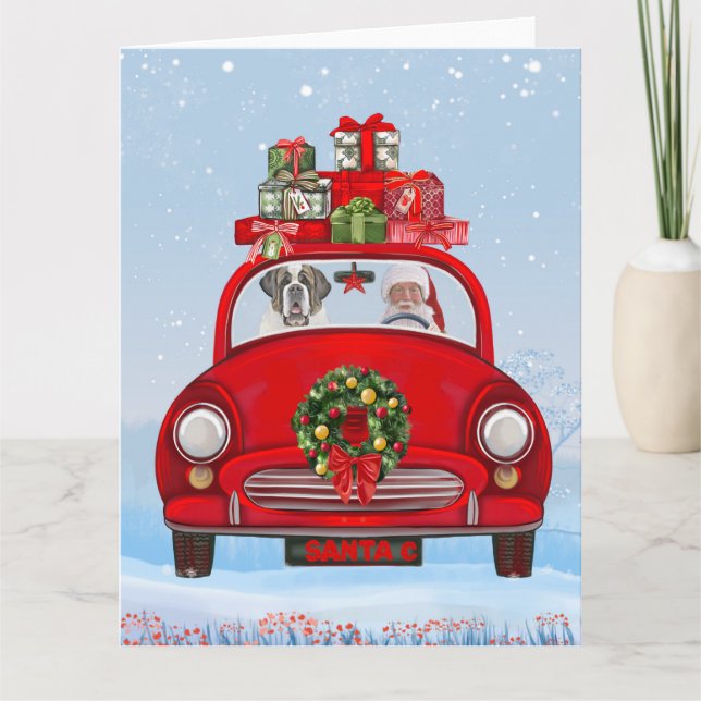 Saint Bernard Dog In Car With Santa Claus  Card (Front)