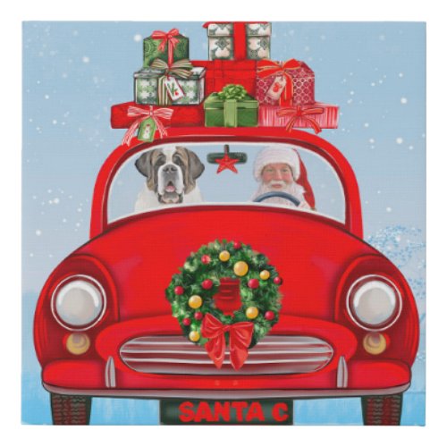 Saint Bernard Dog In Car With Santa Claus Faux Canvas Print