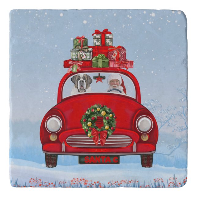 Saint Bernard Dog In Car With Santa Claus Trivet (Front)