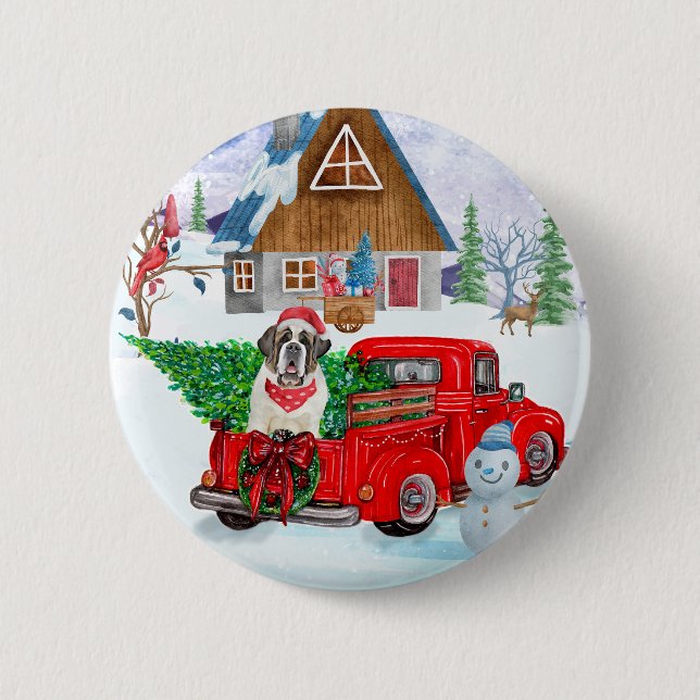Saint Bernard Dog In Christmas Delivery Truck Snow Button (Front)