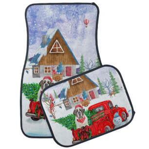 Saint Bernard Dog In Christmas Delivery Truck Snow Car Floor Mat