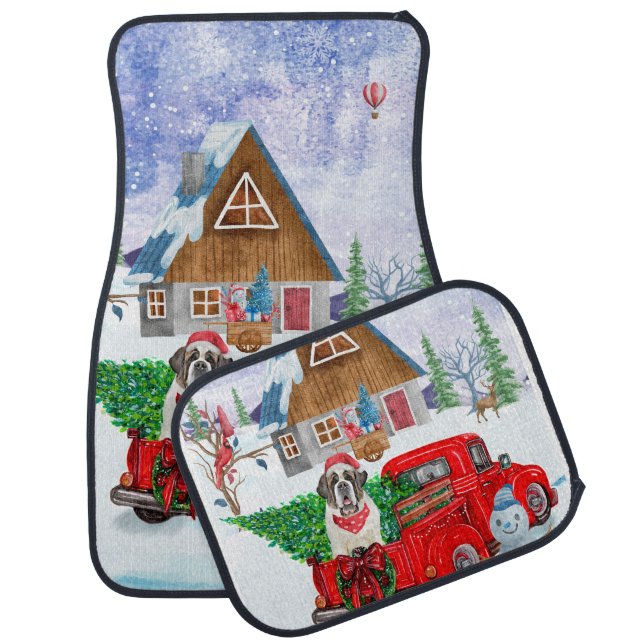 Saint Bernard Dog In Christmas Delivery Truck Snow Car Floor Mat (Set)