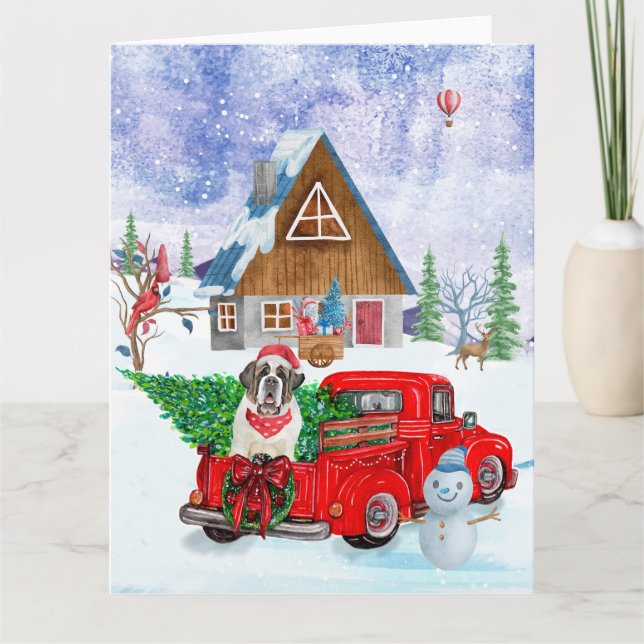 Saint Bernard Dog In Christmas Delivery Truck Snow Card (Front)