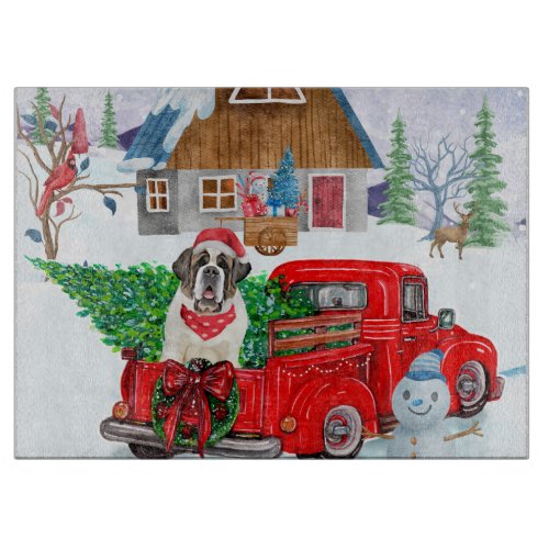 Saint Bernard Dog In Christmas Delivery Truck Snow Cutting Board