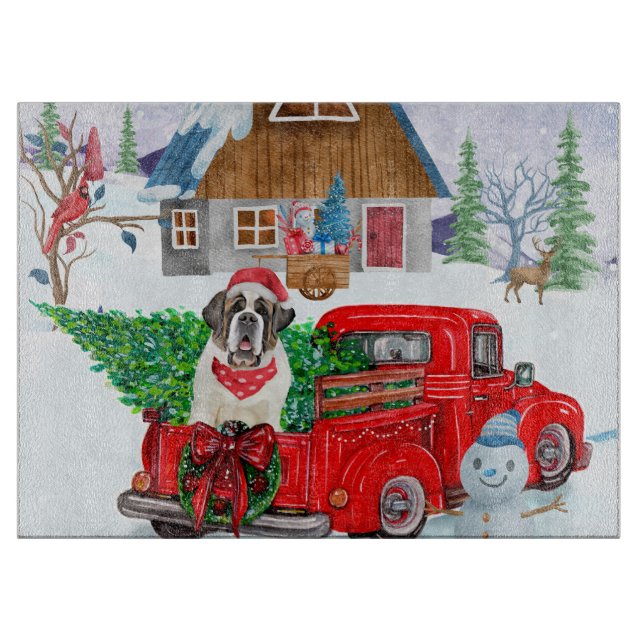 Saint Bernard Dog In Christmas Delivery Truck Snow Cutting Board (Front)
