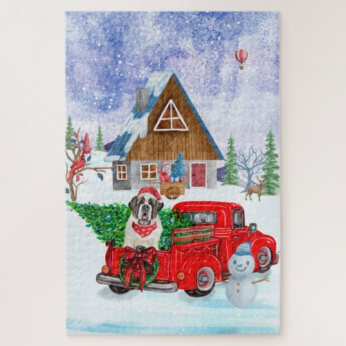 Saint Bernard Dog In Christmas Delivery Truck Snow Jigsaw Puzzle