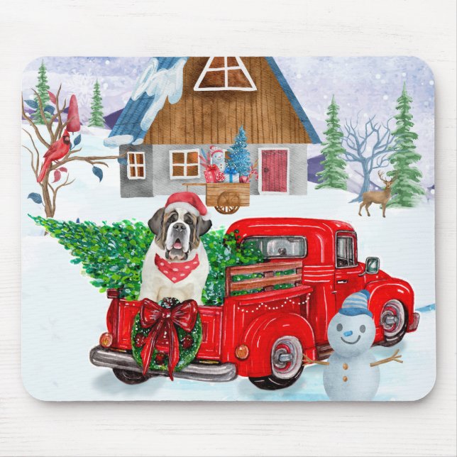 Saint Bernard Dog In Christmas Delivery Truck Snow Mouse Pad (Front)