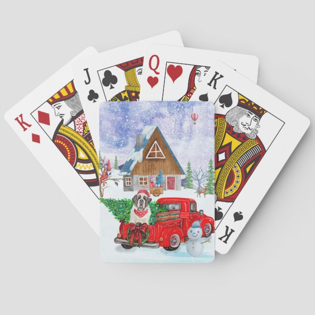 Saint Bernard Dog In Christmas Delivery Truck Snow Poker Cards (Back)