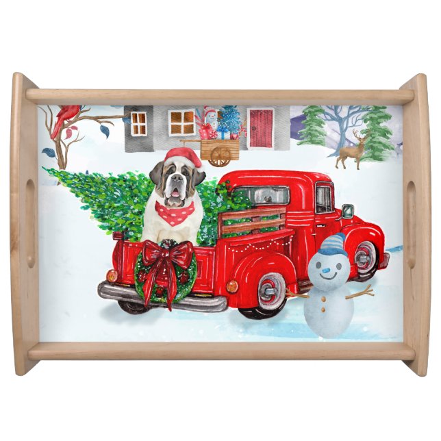 Saint Bernard Dog In Christmas Delivery Truck Snow Serving Tray (Front)