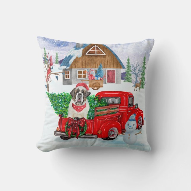 Saint Bernard Dog In Christmas Delivery Truck Snow Throw Pillow (Front)